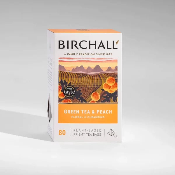 Birchall Green Tea & Peach tea bags packaging on a white background
