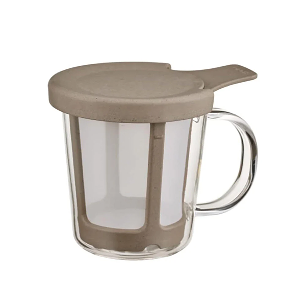 A Hario BATON Series One-Cup Coffee Maker with a glass mug and a brown polypropylene lid, fine mesh dripper, and lid that serves as a drip tray.