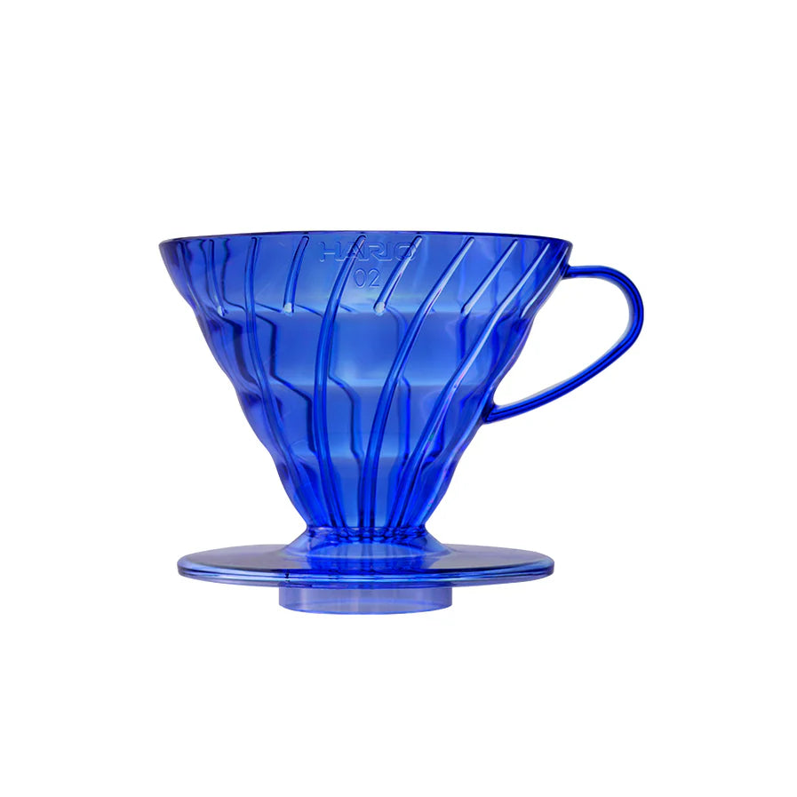 Blue plastic coffee filter on a white background