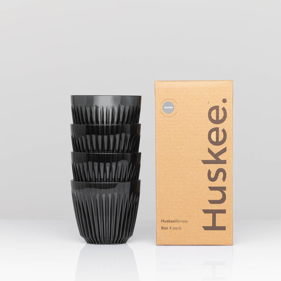Featuring the same iconic fins as HuskeeCup, Renew is made from a trademarked Co-polyester, has a glass-like appearance, and is made from 50% post-consumer recycled material.   The 6oz is considered a small size in most cafes and is suitable for cappucinos, long blacks, flat whites or sparkling water.   6oz Renew Cup in a pack of 4.   Compatible with Classic Renew Saucer.