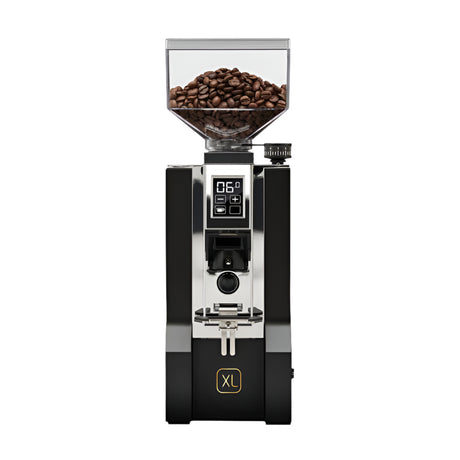 Coffee grinder with a clear container of coffee beans on a white background