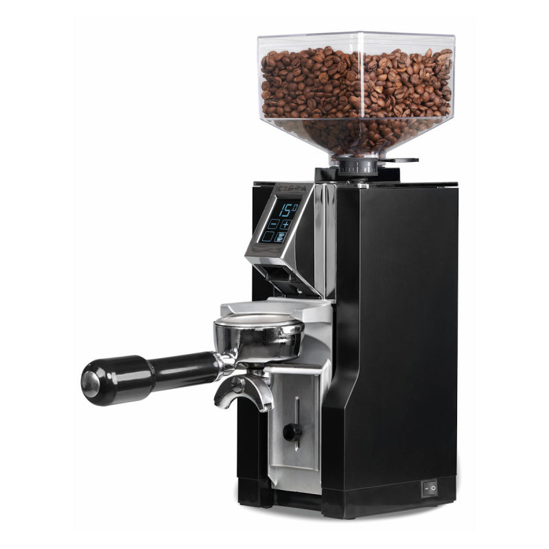 Coffee grinder with a clear container of coffee beans on a white background