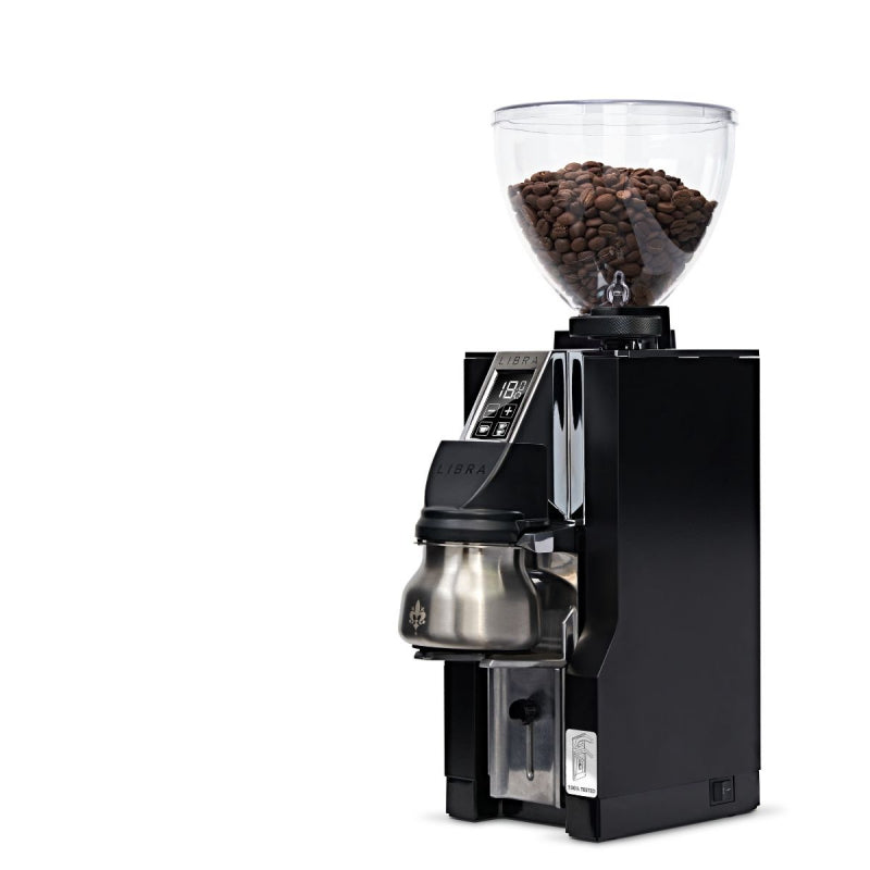 Black coffee grinder with clear container of coffee beans on a white background