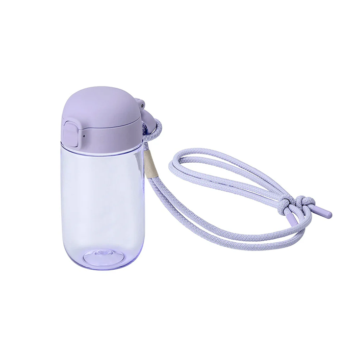 Purple water bottle with a rope on a white background
