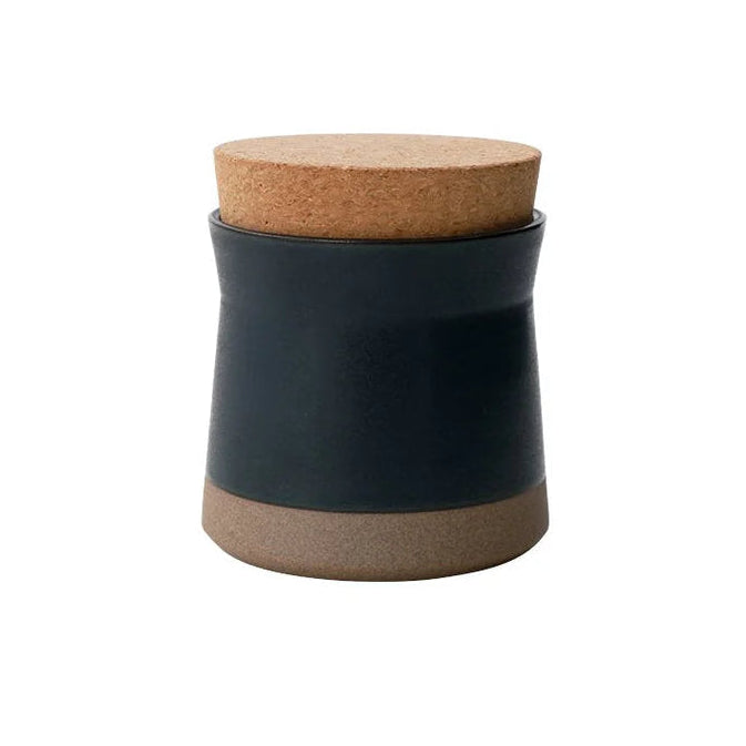 Kinto Black ceramic jar with cork lid on a white background