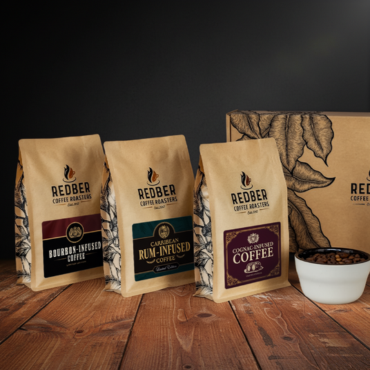 Redber Coffee Roasters coffee bags on a wooden surface with a dark background