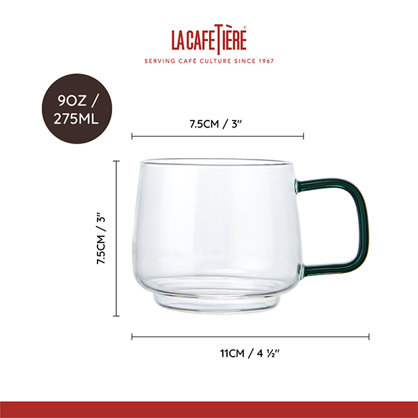 La Cafetiere Glass Mug, Set of 2, 275ml - Green Glass Handle