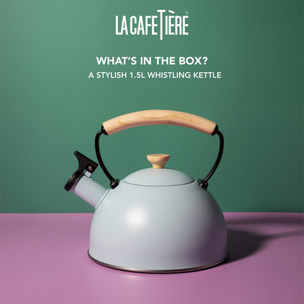 La Cafetière Whistling Kettle With Heat Resistant Wooden Handle, 1.6L - Sky Blue
