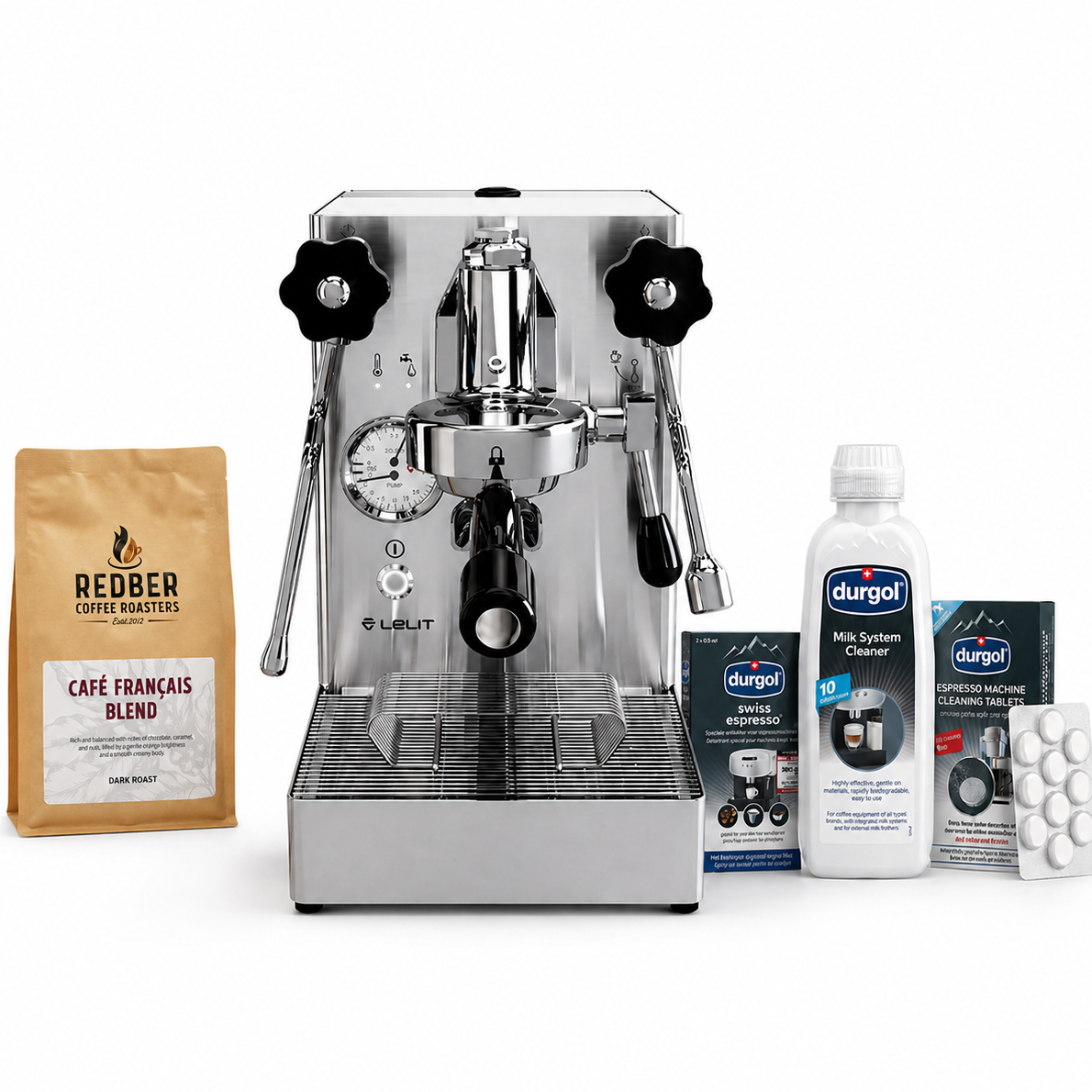 Espresso machine with coffee beans, cleaning products, and a milk container on a white background