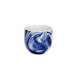 White mug with blue marbled design on a white background