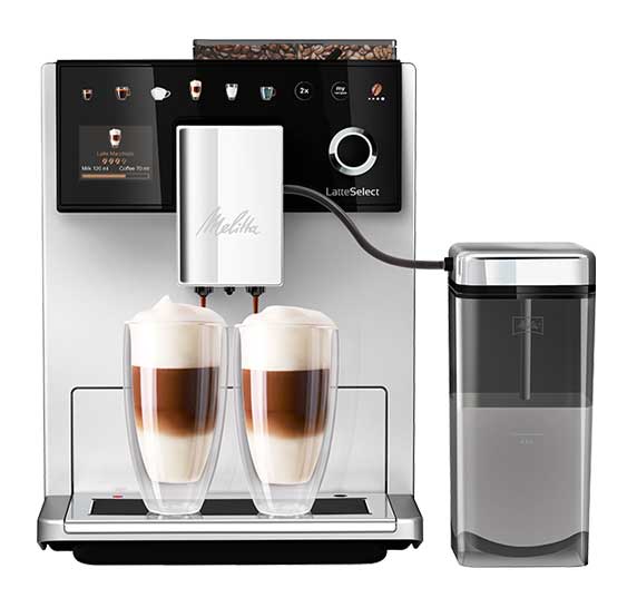 A silver Melitta LatteSelect Bean to Cup Coffee Machine with a manual two-chamber bean container, touch screen interface, and coffee dispensing area.