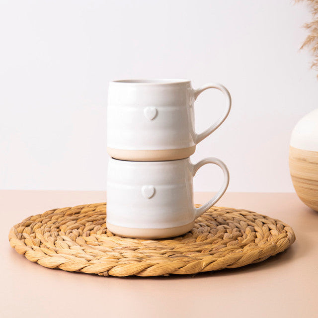 Mikasa Farmhouse Heart Stoneware Mugs, Set of 2, 380ml - White, Redber Coffee