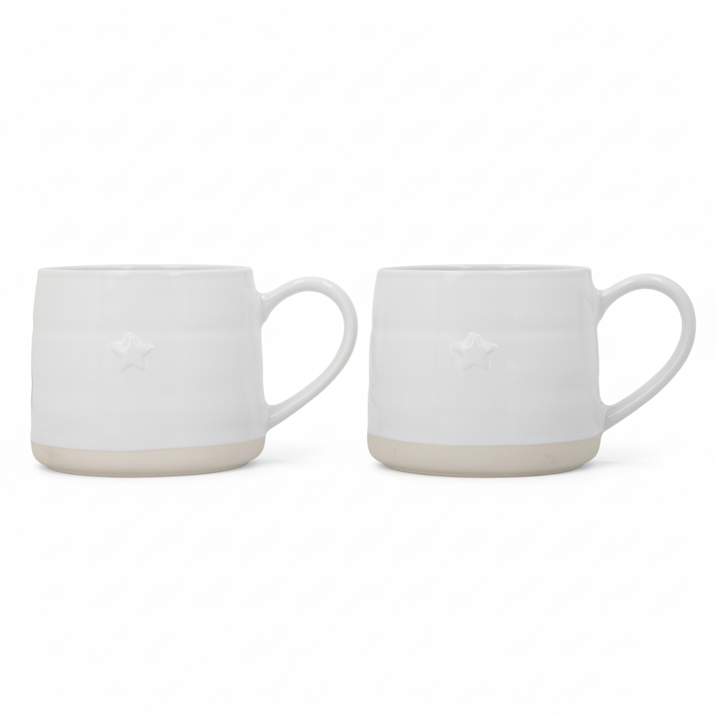 Two white ceramic mugs with beige bases on a white background