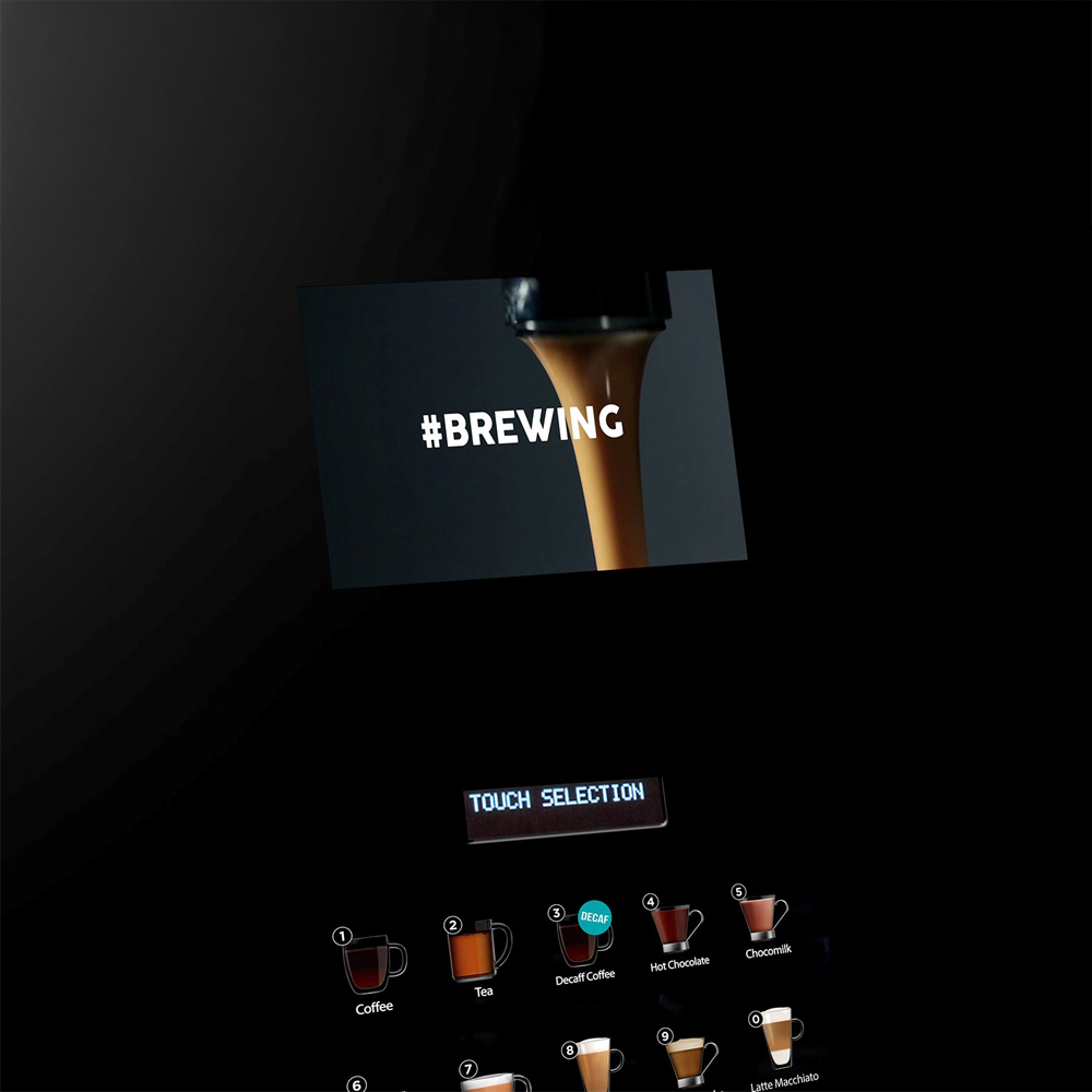 Image of the Coffetek NEO Coffee Vending Machine, featuring a modern design with a touchscreen interface and customizable LED lighting, ideal for high-traffic environments