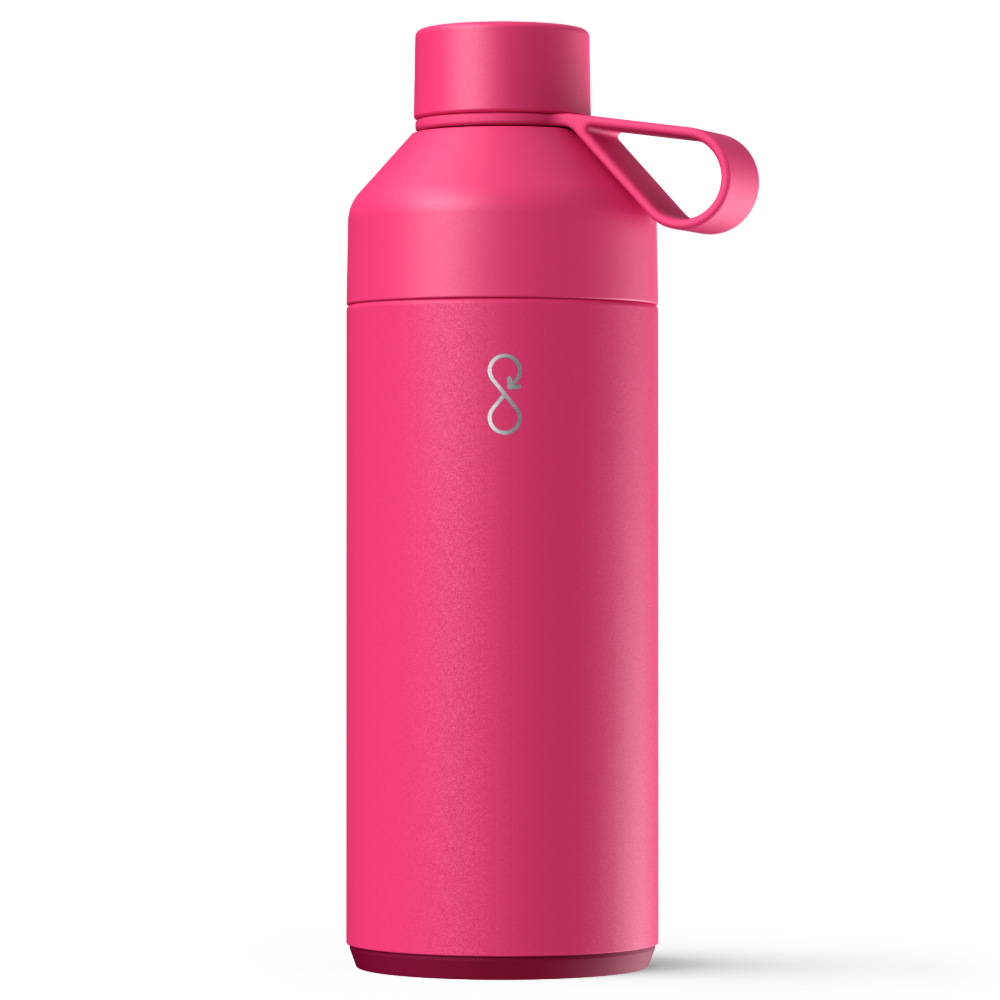 Pink water bottle with a logo on a white background
