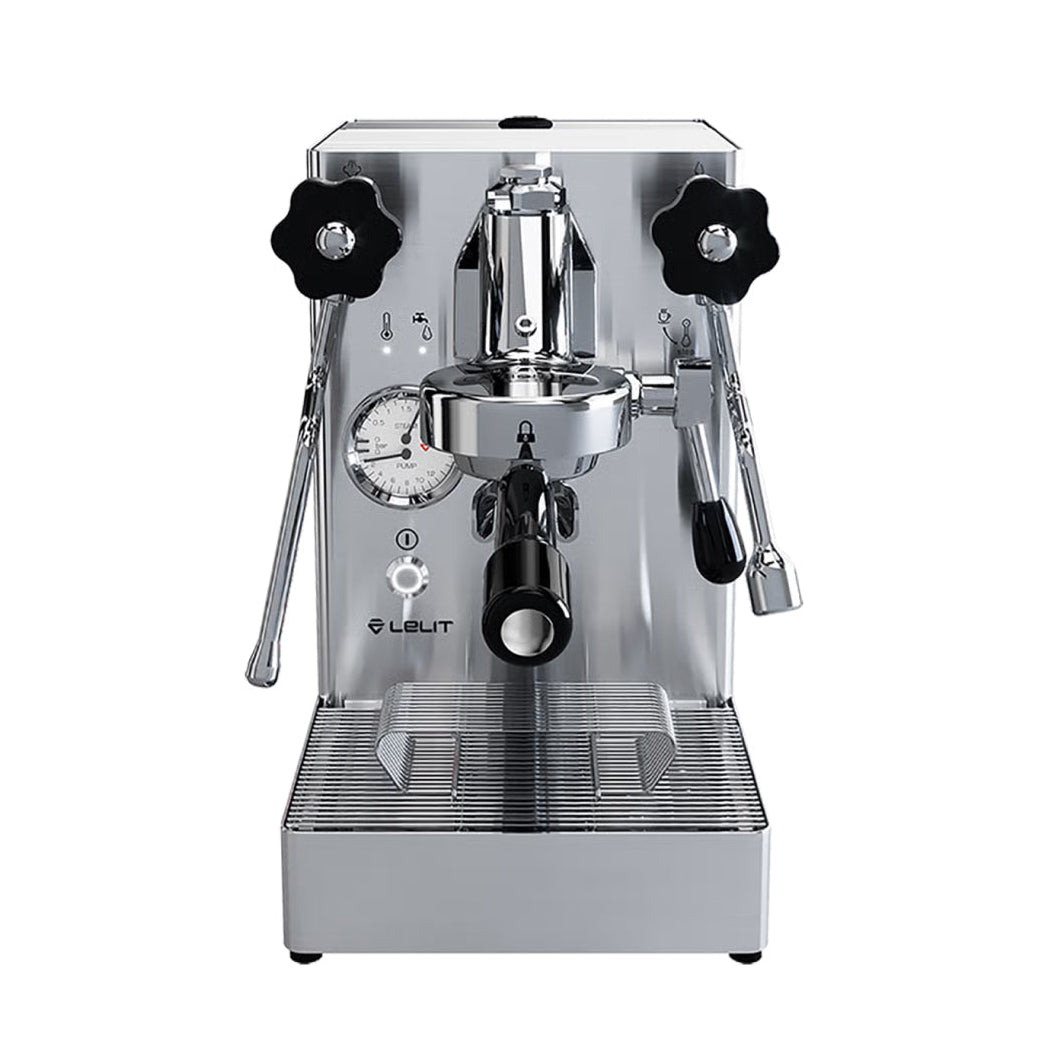 Espresso machine with black handles on a white background