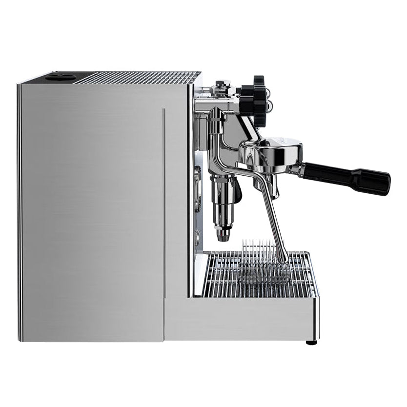 Stainless steel espresso machine on a white background