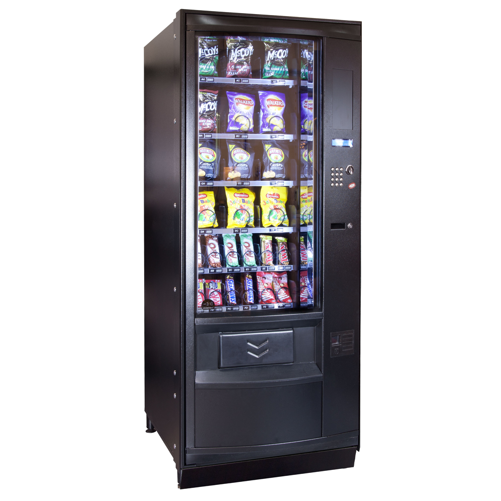 The Coffetek Palma Vending Machine featuring a sleek, modern design with adjustable trays for snacks and drinks, a user-friendly alphanumeric keypad, and durable construction for high-traffic environments