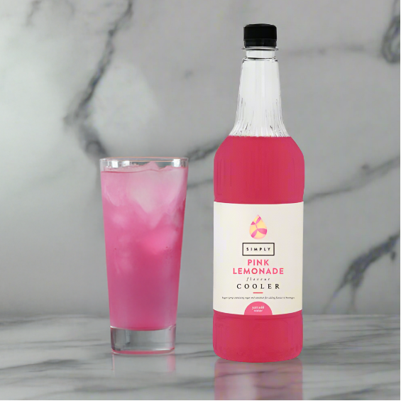 1-litre bottle of Simply Syrup Pink Lemonade Cooler with vibrant pink label, ideal for crafting refreshing summer drinks, cocktails, and mocktails in cafés or at home.