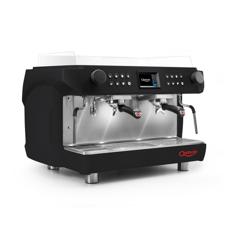 Black espresso machine with digital display on a white background