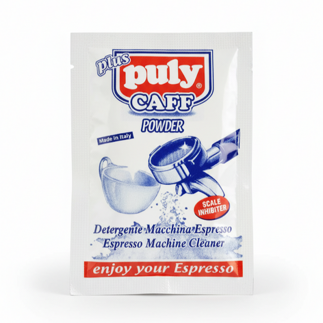 Puly Caff Espresso Machine Cleaner powder packet on a white background