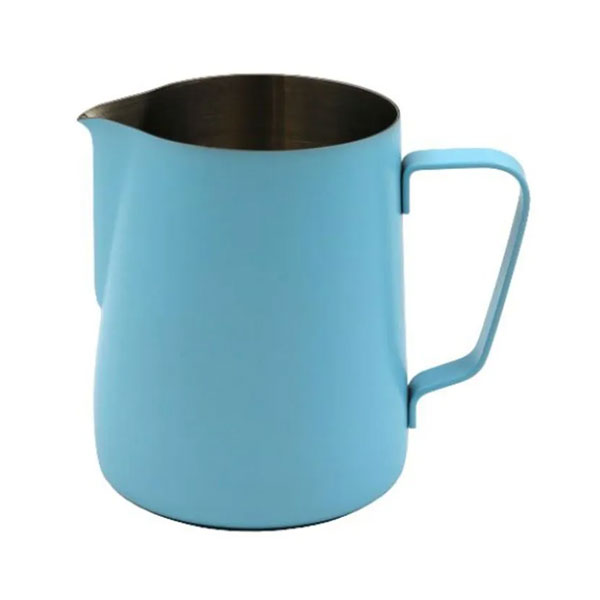 A blue Rhino Classic Milk Pitcher made of stainless steel with a precision spout for pouring.