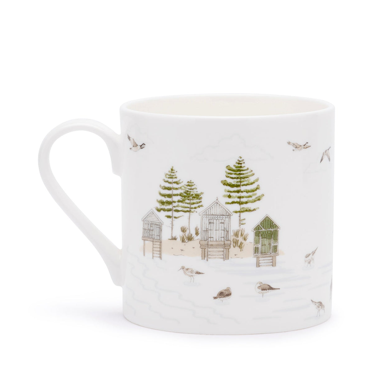 Sophie Allport Sea Birds large fine bone china mug with coastal birds, trees and beach huts