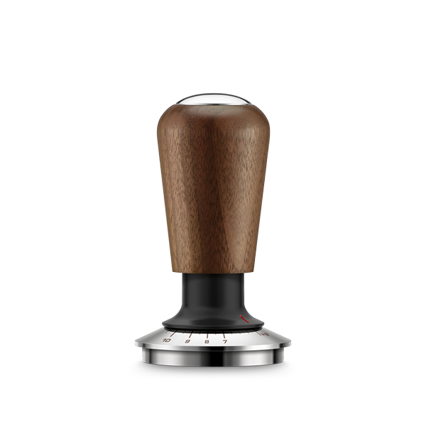 A stainless steel and walnut tamper for espresso machines, with a self-levelling plate and spring-loaded mechanism.