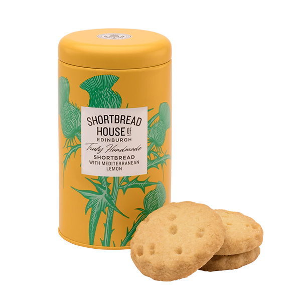 Yellow tin of Shortbread House of Edinburgh shortbread cookies with green thistle design.
