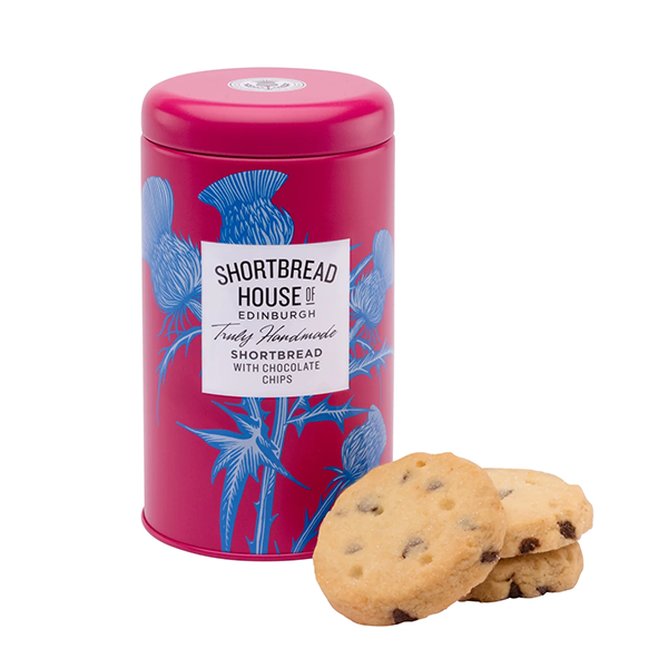 Pink tin of Shortbread House of Edinburgh shortbread cookies with cookies displayed in front.