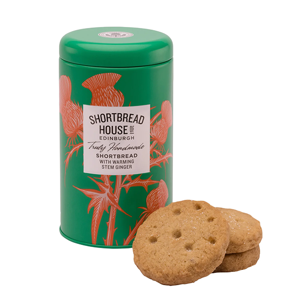 Green tin of Shortbread House of Edinburgh shortbread cookies on a white background