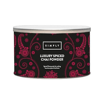 Canister of Simply Luxury Spiced Chai Powder with decorative black and red label