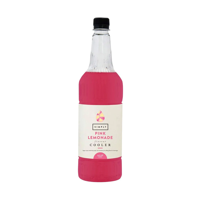 1-litre bottle of Simply Syrup Pink Lemonade Cooler with vibrant pink label, ideal for crafting refreshing summer drinks, cocktails, and mocktails in cafés or at home.