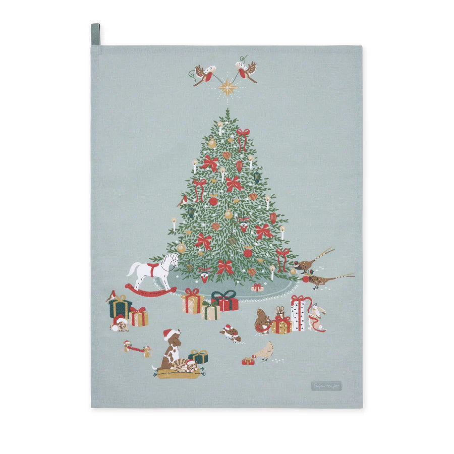 Decorative tea towel with a Christmas tree and festive elements on a light blue background
