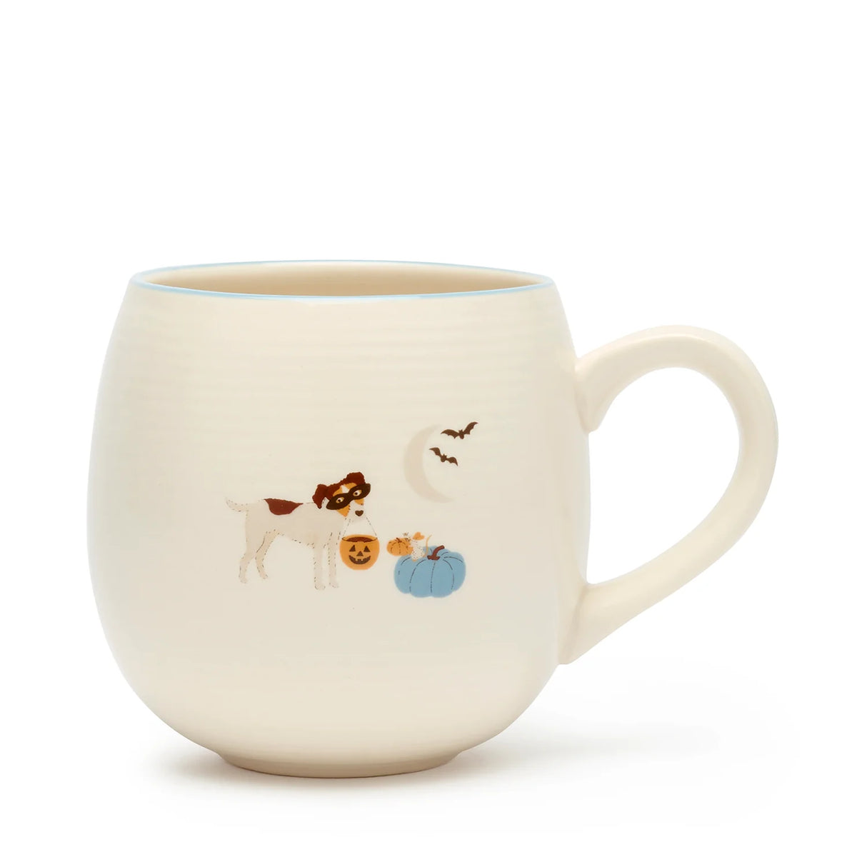 White mug with Halloween-themed illustrations on a white background
