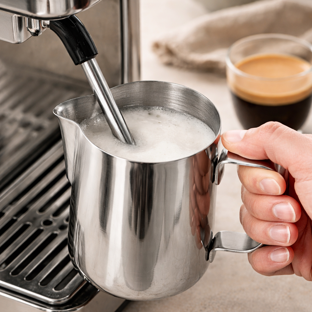 Person using a milk frothing pitcher with an espresso machine on a countertop.
