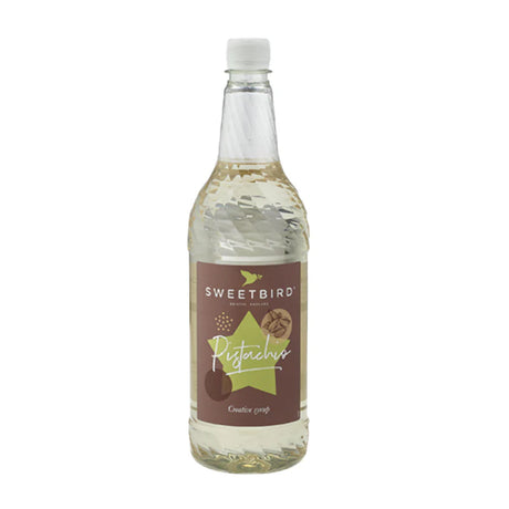 Bottle of Sweetbird Pistachio syrup on a white background