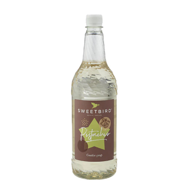 Bottle of Sweetbird Pistachio syrup on a white background