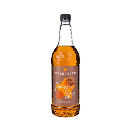 Bottle of Sweetbird Pumpkin Spice syrup on a white background