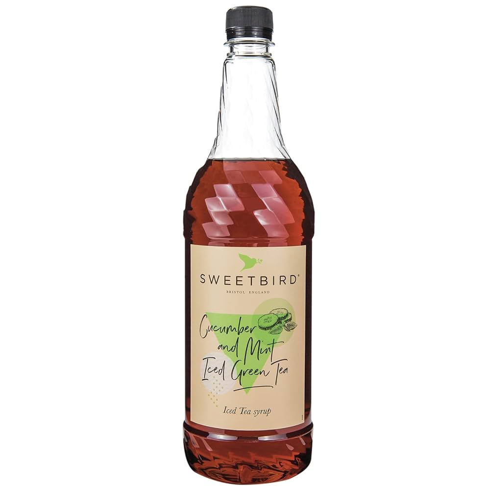 Bottle of Sweetbird Cucumber and Mint Iced Green Tea syrup on a white background