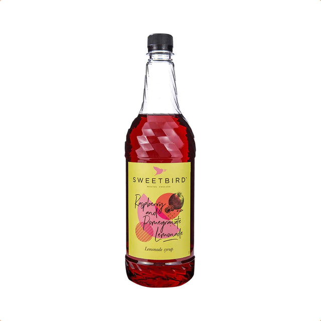Bottle of Sweetbird raspberry and pomegranate lemonade syrup on a white background