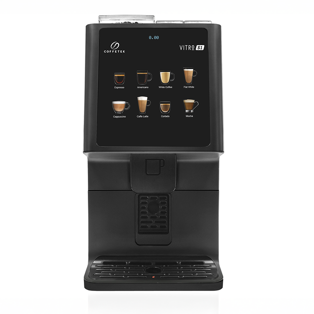 Black coffee machine with digital display on a white background