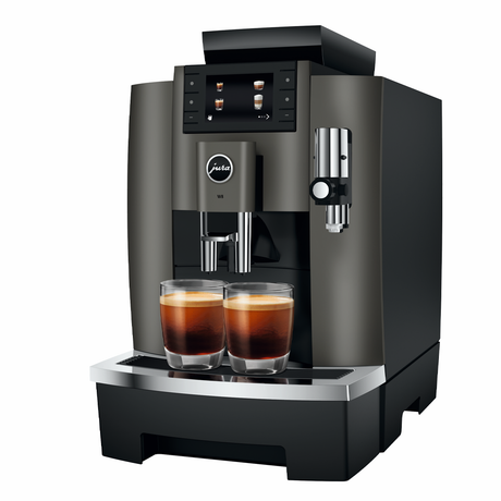 Jura W8 Bean-to-Cup Coffee Machine with a sleek design, 3.5-inch colour TFT display, Fine Foam Frother, and Professional Aroma Grinder for high-quality espresso and milk-based drinks.