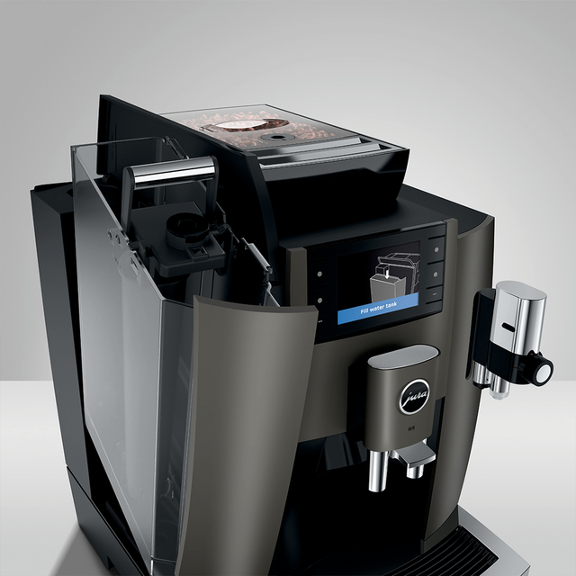 Jura W8 Bean-to-Cup Coffee Machine with a sleek design, 3.5-inch colour TFT display, Fine Foam Frother, and Professional Aroma Grinder for high-quality espresso and milk-based drinks.