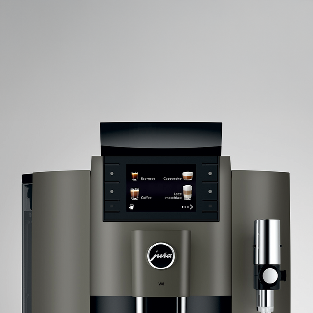 Jura W8 Bean-to-Cup Coffee Machine with a sleek design, 3.5-inch colour TFT display, Fine Foam Frother, and Professional Aroma Grinder for high-quality espresso and milk-based drinks.