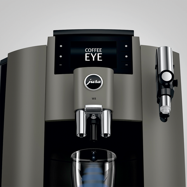Jura W8 Bean-to-Cup Coffee Machine with a sleek design, 3.5-inch colour TFT display, Fine Foam Frother, and Professional Aroma Grinder for high-quality espresso and milk-based drinks.