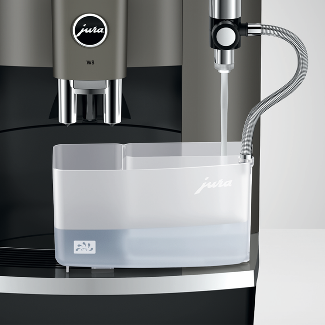Jura W8 Bean-to-Cup Coffee Machine with a sleek design, 3.5-inch colour TFT display, Fine Foam Frother, and Professional Aroma Grinder for high-quality espresso and milk-based drinks.