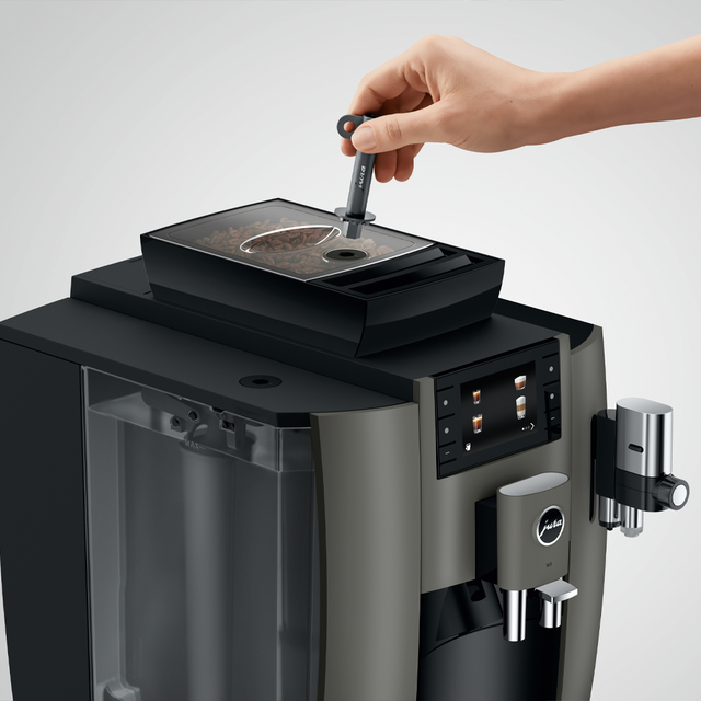 Jura W8 Bean-to-Cup Coffee Machine with a sleek design, 3.5-inch colour TFT display, Fine Foam Frother, and Professional Aroma Grinder for high-quality espresso and milk-based drinks.