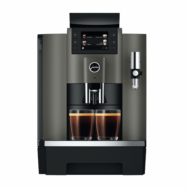 Jura W8 Bean-to-Cup Coffee Machine with a sleek design, 3.5-inch colour TFT display, Fine Foam Frother, and Professional Aroma Grinder for high-quality espresso and milk-based drinks.