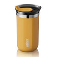 Yellow thermos with black lid on a white background